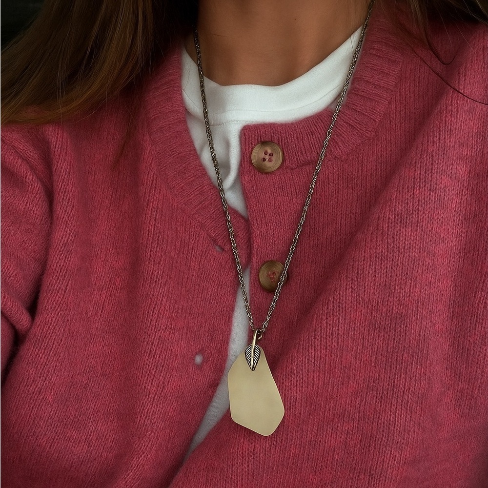 Silver Rope Chain Necklace With Leaf and Stone Pendant